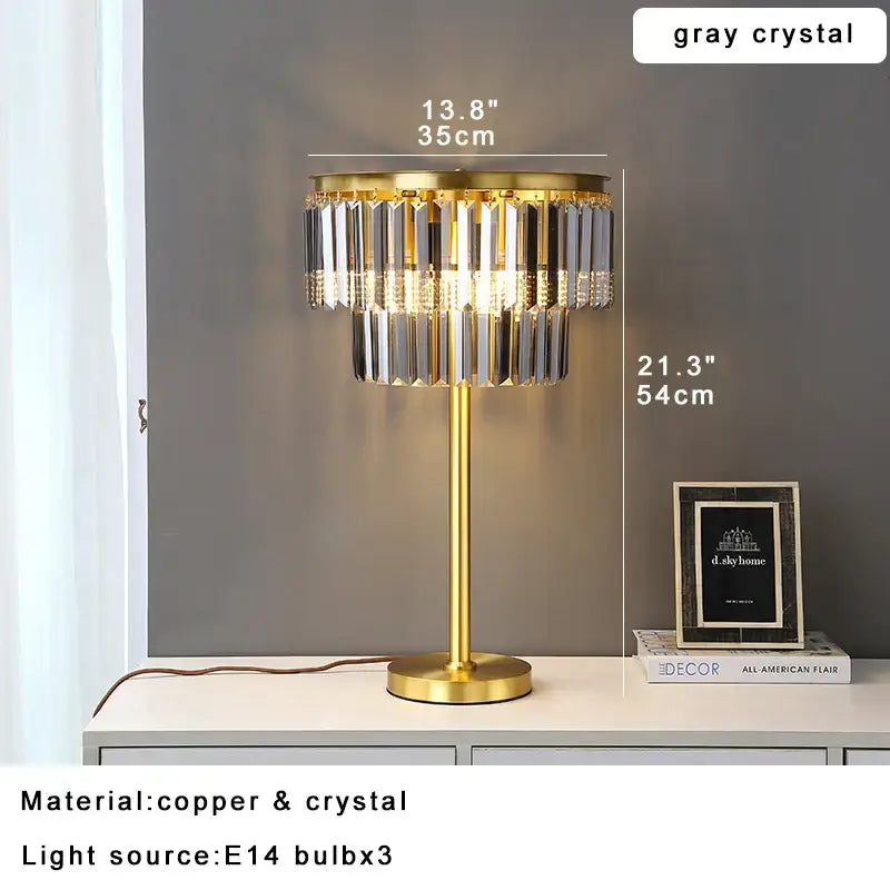 Elegant tiered gold and gray crystal table lamp with cascading prisms for bedroom nightstand decorbites crystal table lamp