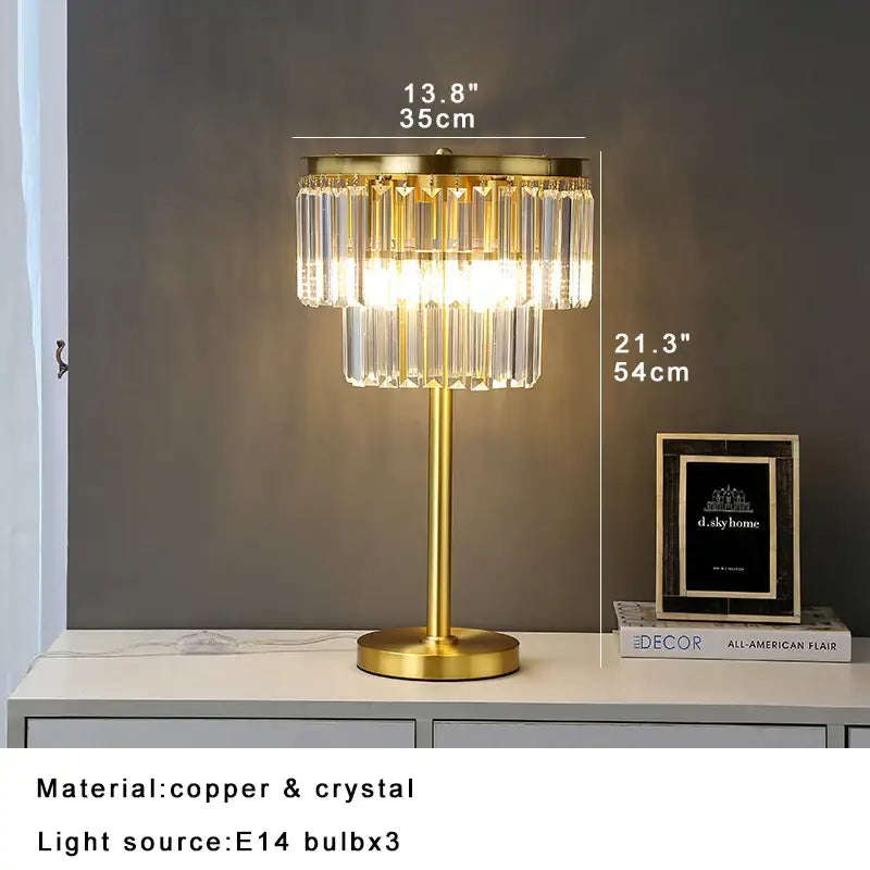 Elegant gold-toned tiered gold and gray crystal table lamp with cascading prisms ideal for bedroom nightstand decorbites crystal table lamp