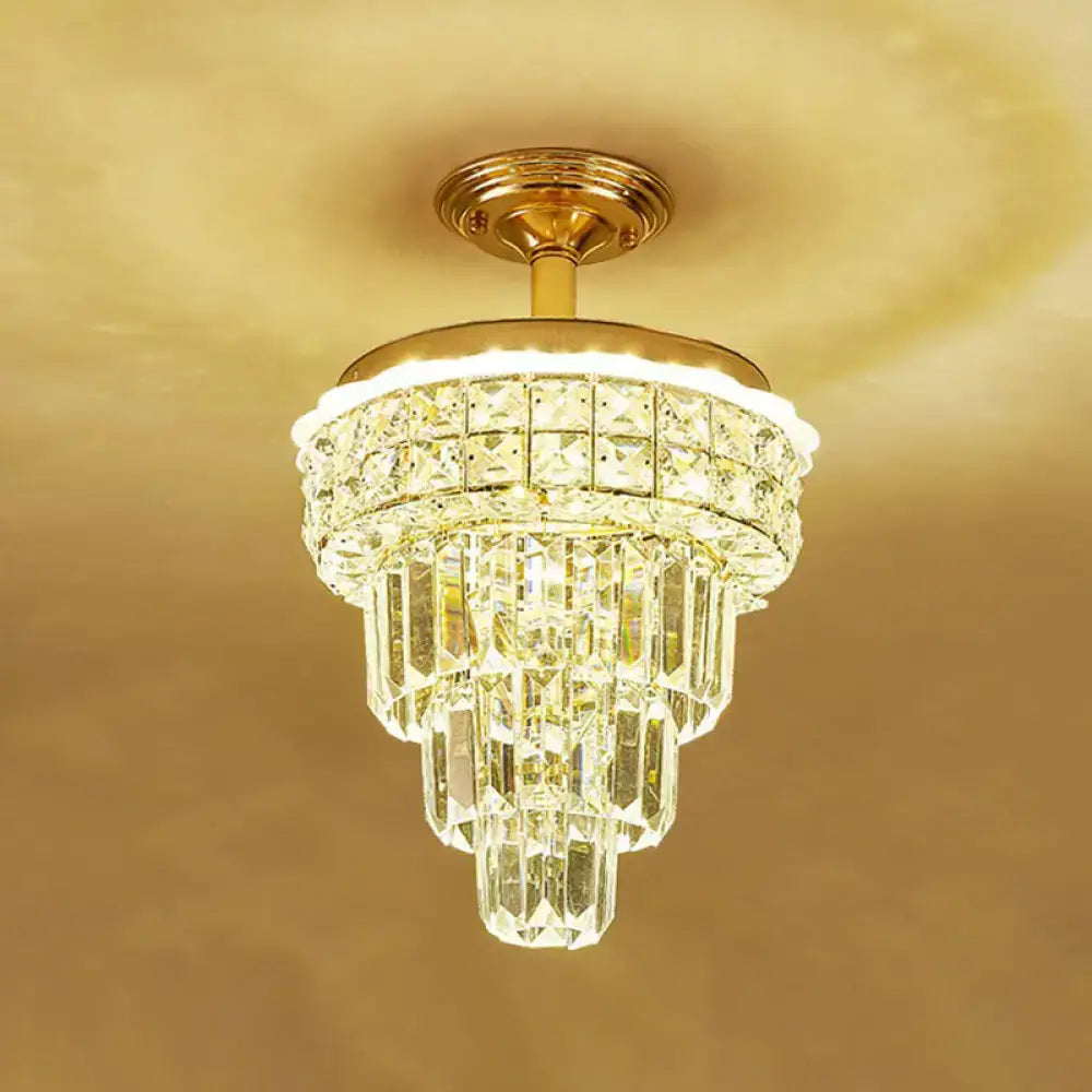 Tiered gold and optical crystal foyer chandelier with cascading clear faceted crystals and gold-finished base inch fixture decorbites optical crystal