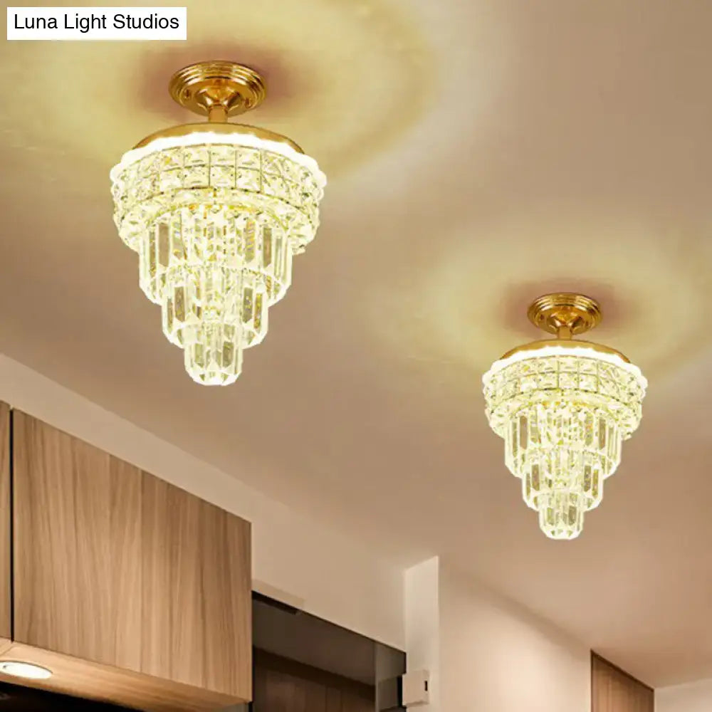 Tiered gold and optical crystal foyer chandelier with cascading clear crystal prisms 20 inch fixture decorbites optical crystal