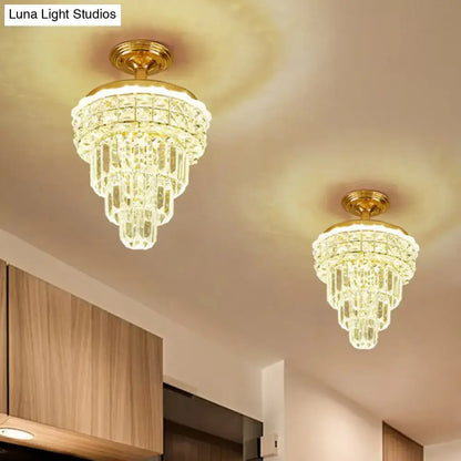 Tiered gold and optical crystal foyer chandelier with cascading clear crystal prisms 20 inch fixture decorbites optical crystal