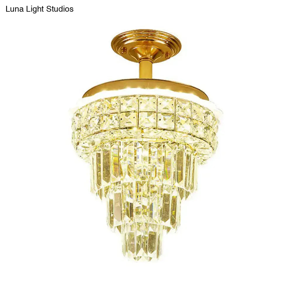 Tiered gold and optical crystal foyer chandelier with gold finish and cascading clear faceted crystal prisms inch fixture decorbites optical crystal