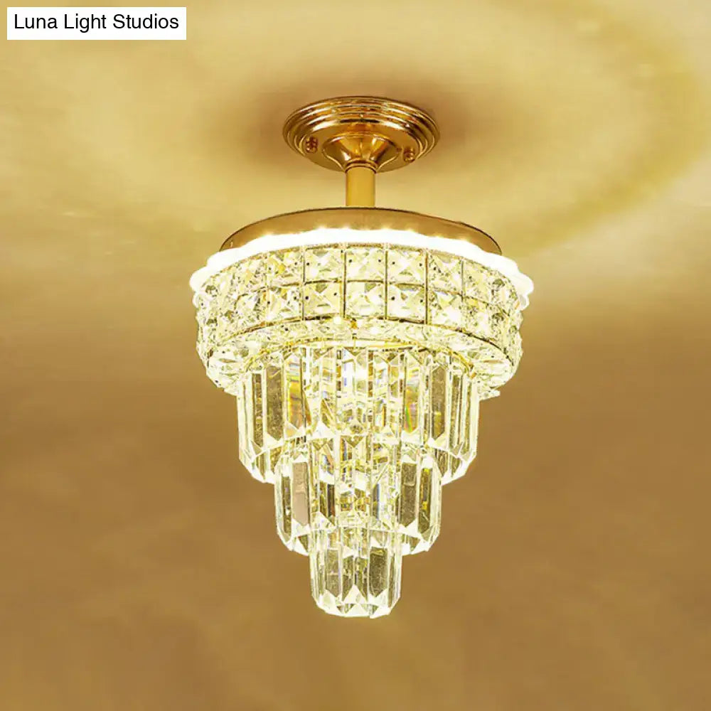 Tiered gold and optical crystal foyer chandelier with decorbites optical crystal and gold inch fixture mounting plate and stem