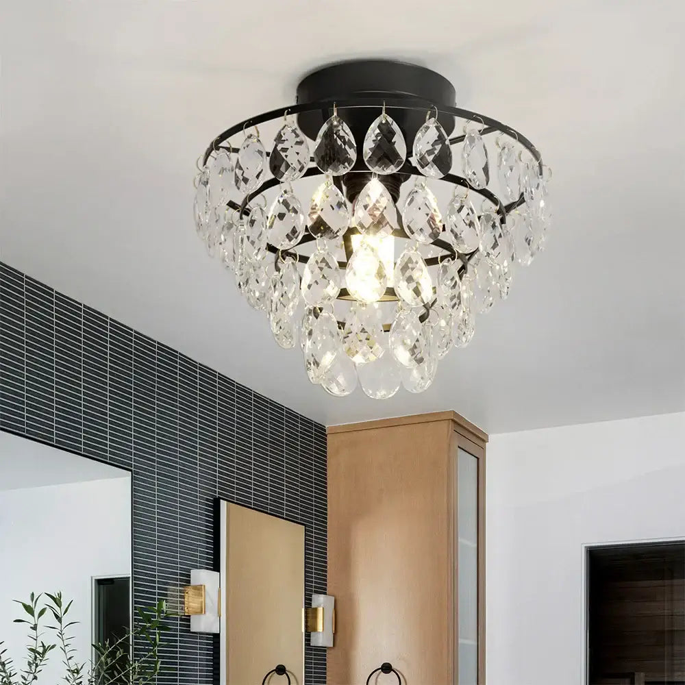 Black metal ceiling lamp with dangling clear crystal teardrop pendants decorbites crystal led chandelier