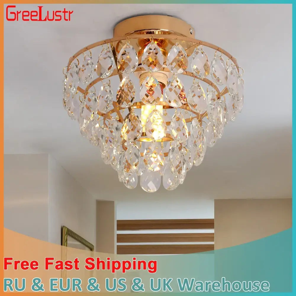 Tiered gold crystal led chandelier with faceted teardrop crystals and circular metal frame ceiling lamp decorbites crystal led