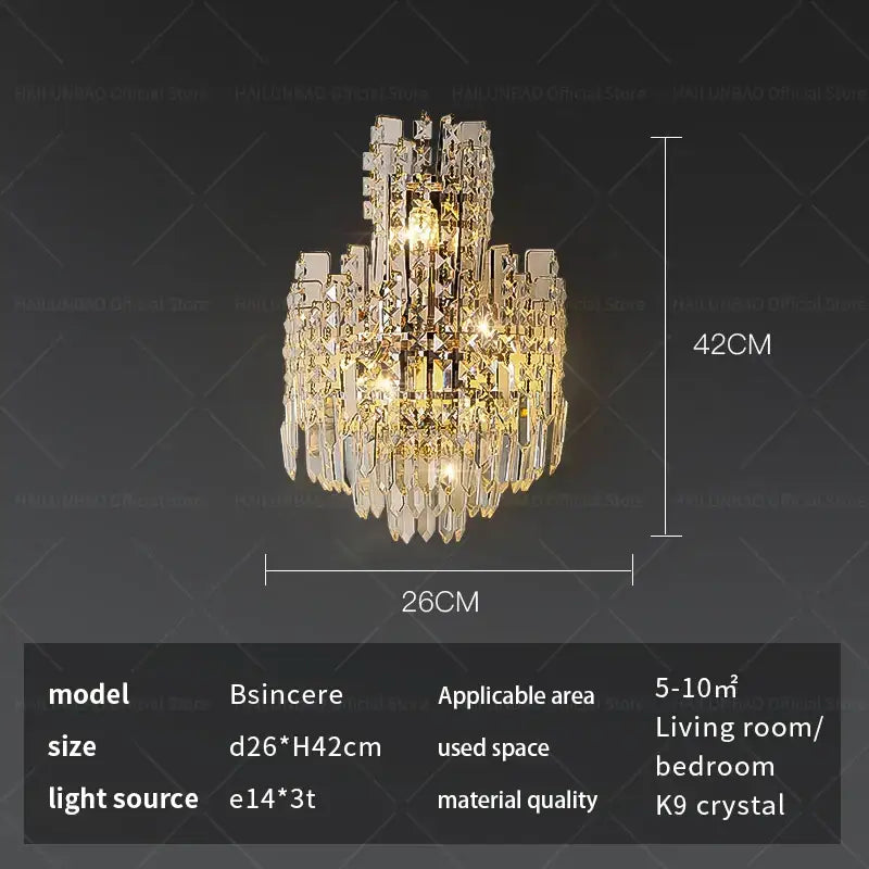 Luxurious gold-toned tiered wall lamp with cascading k9 crystal prisms decorbites crystal wall lamp for living room