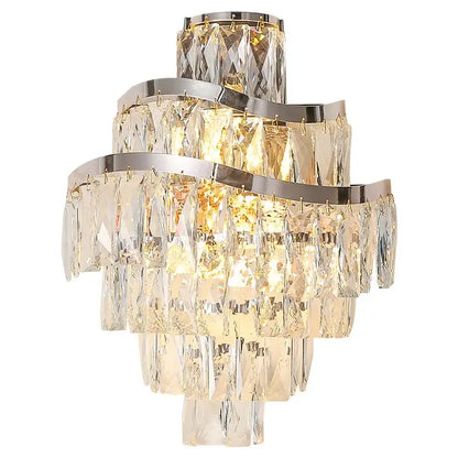 Tiered gold crystal wall lamp with cascading clear prisms and curved chrome bands for elegant decorbites crystal wall lamp