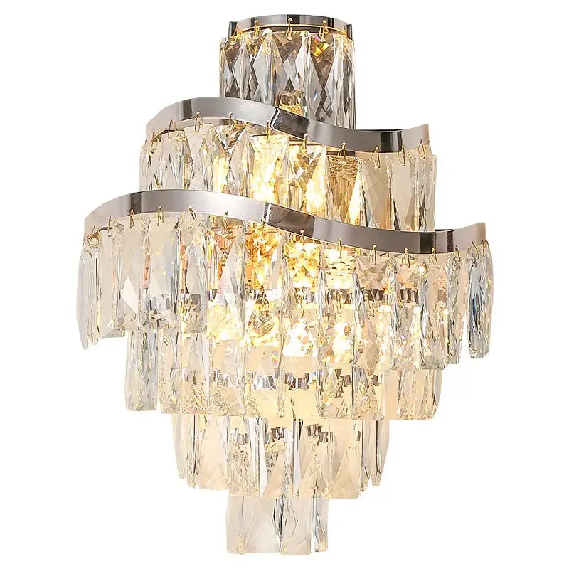 Tiered gold crystal wall lamp with cascading clear prisms and curved chrome bands for elegant decorbites crystal wall lamp