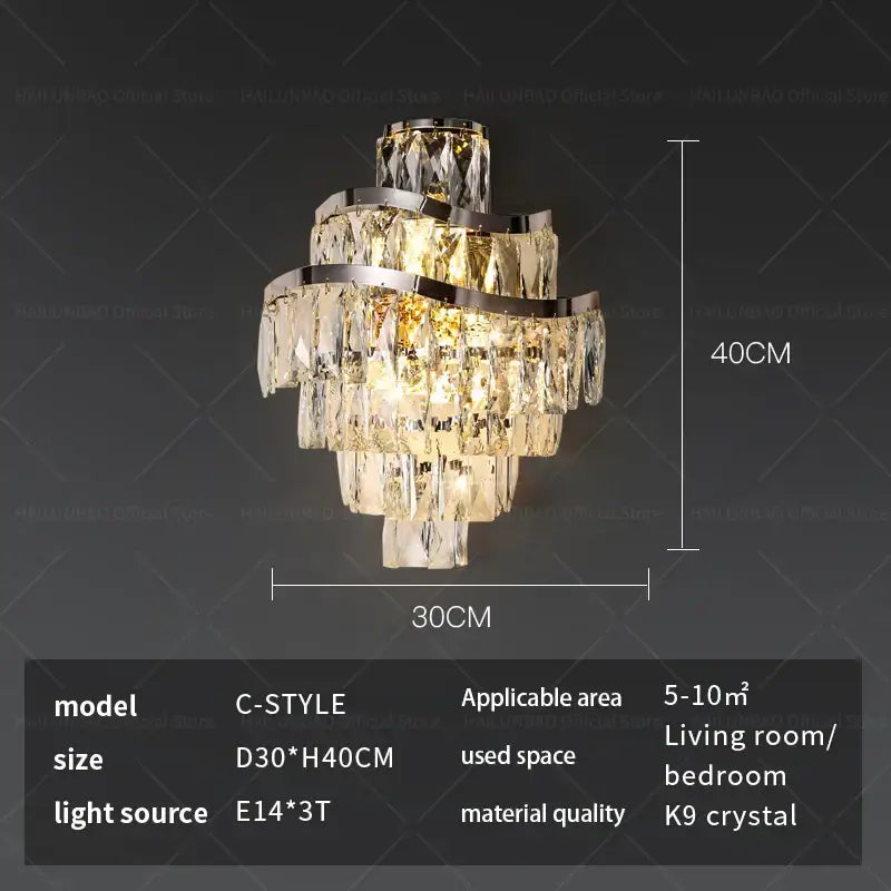 A modern tiered gold crystal wall lamp with cascading k9 prisms and polished chrome accents for elegant decorbites crystal wall decor