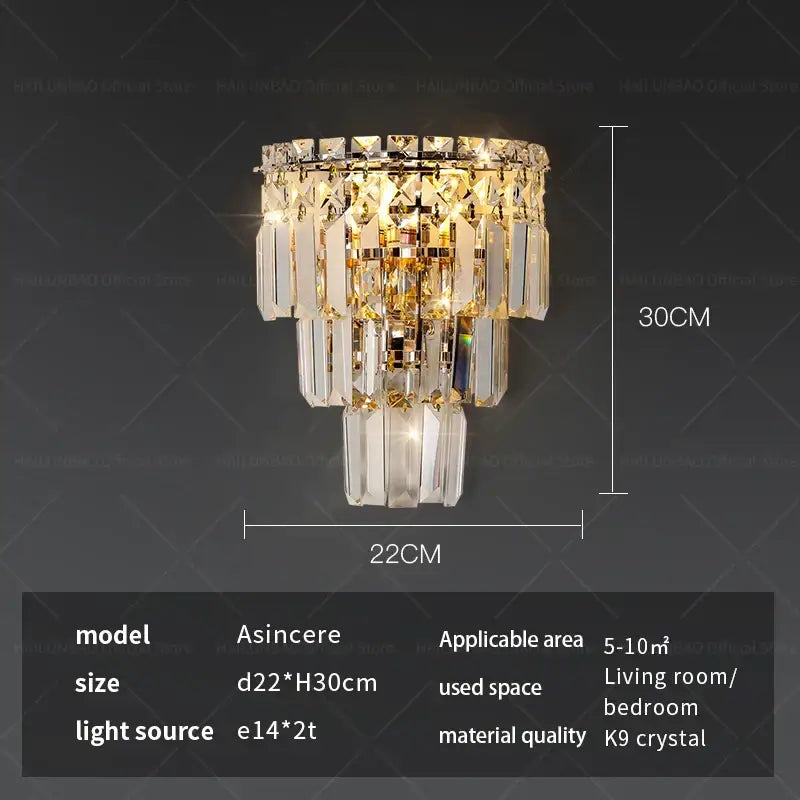Gold-toned tiered crystal wall lamp with faceted k9 glass prisms and polished metal frame decorbites crystal wall lamp