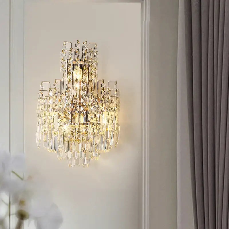 Tiered gold crystal wall lamp with sparkling faceted glass elements for elegant decorbites crystal wall decor