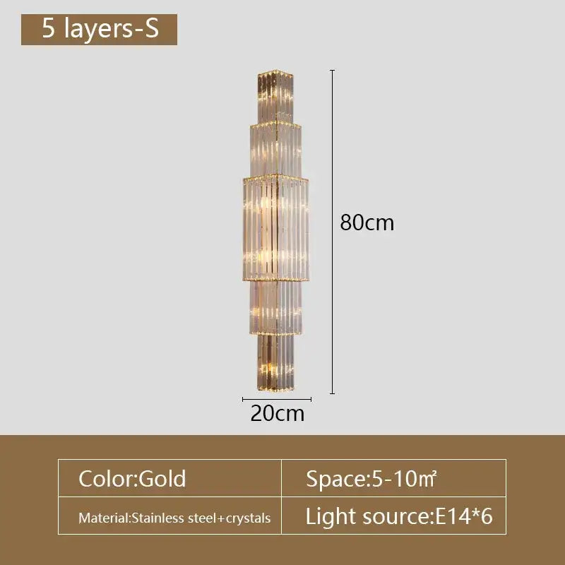 Tiered gold crystal wall lamp living room sconce made of stainless steel with 5-layer decorbites crystal wall lamp design