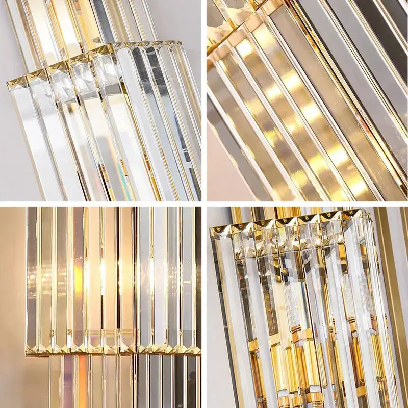 Elegant gold crystal wall lamp with vertical prismatic bars featuring decorbites crystal wall design for living room decor