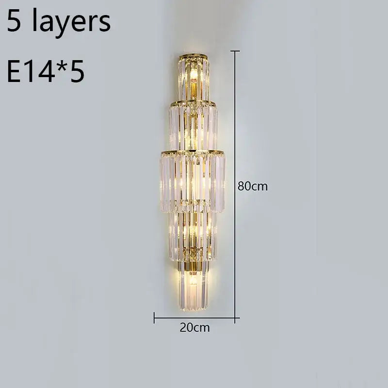 Elegant gold crystal wall lamp with five illuminated tiers of clear rods for living room decorbites crystal wall use