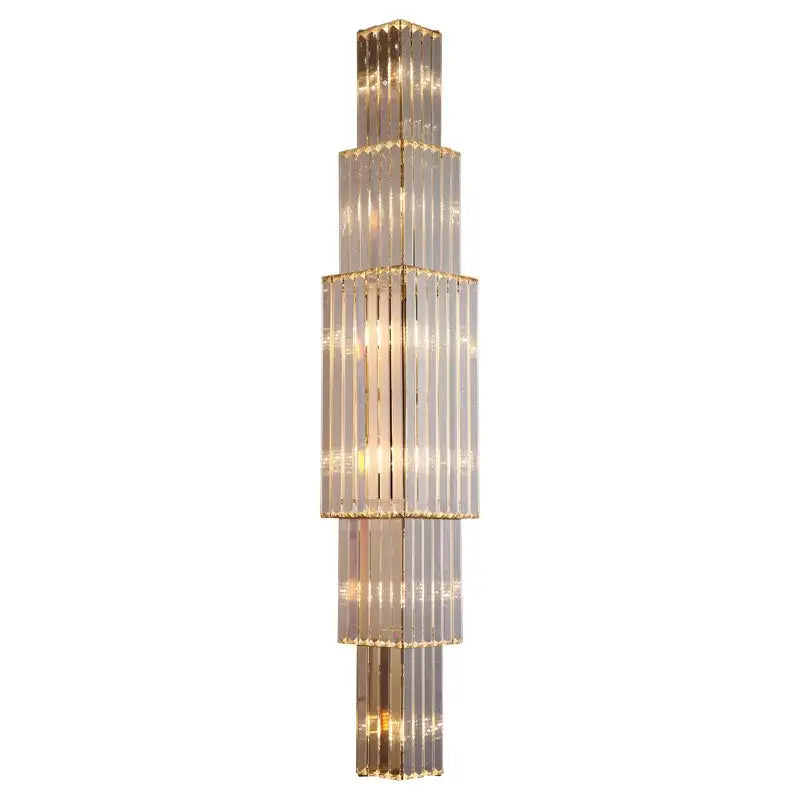 A modern tiered gold crystal wall lamp with clear glass rods for elegant living room decorbites crystal wall lamp
