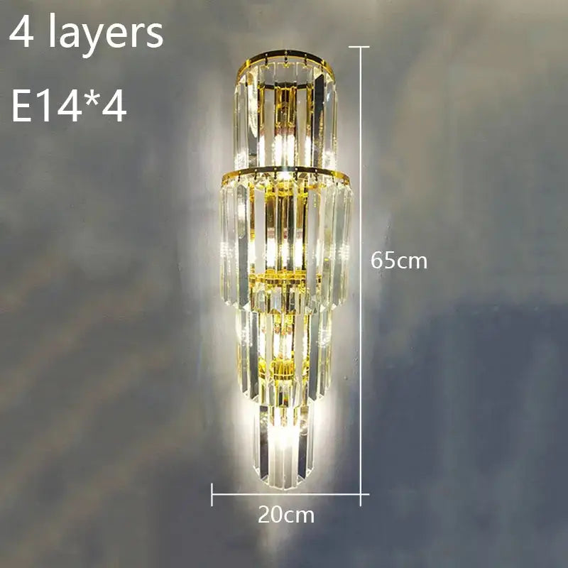 Gold-toned tiered gold crystal wall lamp with four tiers of clear crystal prisms and e14 bulbs for living room decorbites crystal wall lamp
