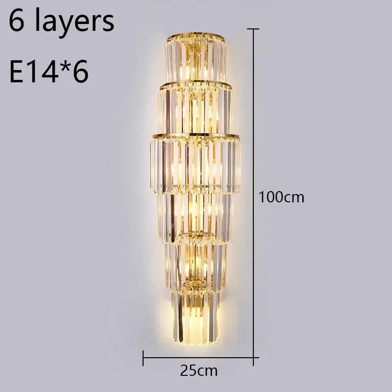 Gold-toned tiered crystal wall lamp with six tiers of clear rods and brass accents for elegant living room decorbites crystal wall lamp