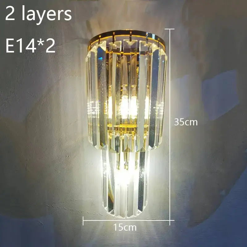 Gold-toned wall lamp with two tiers of faceted crystal prisms decorbites crystal wall lamp for living room decor