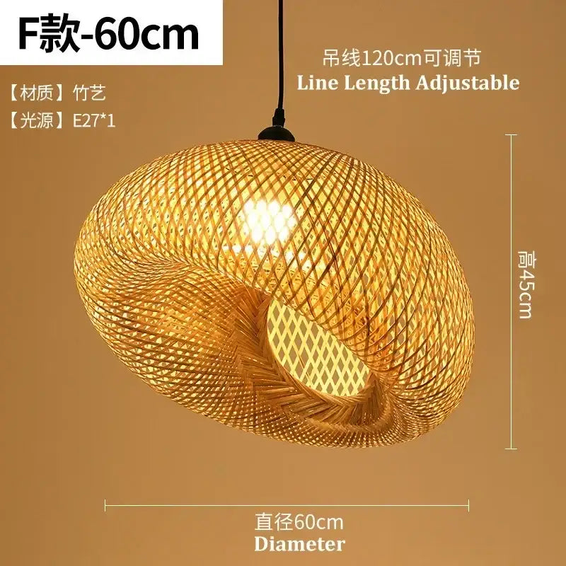 A warm golden-brown woven bamboo chandelier with intricate lattice design and adjustable hanging line by decorbites bamboo chandelier