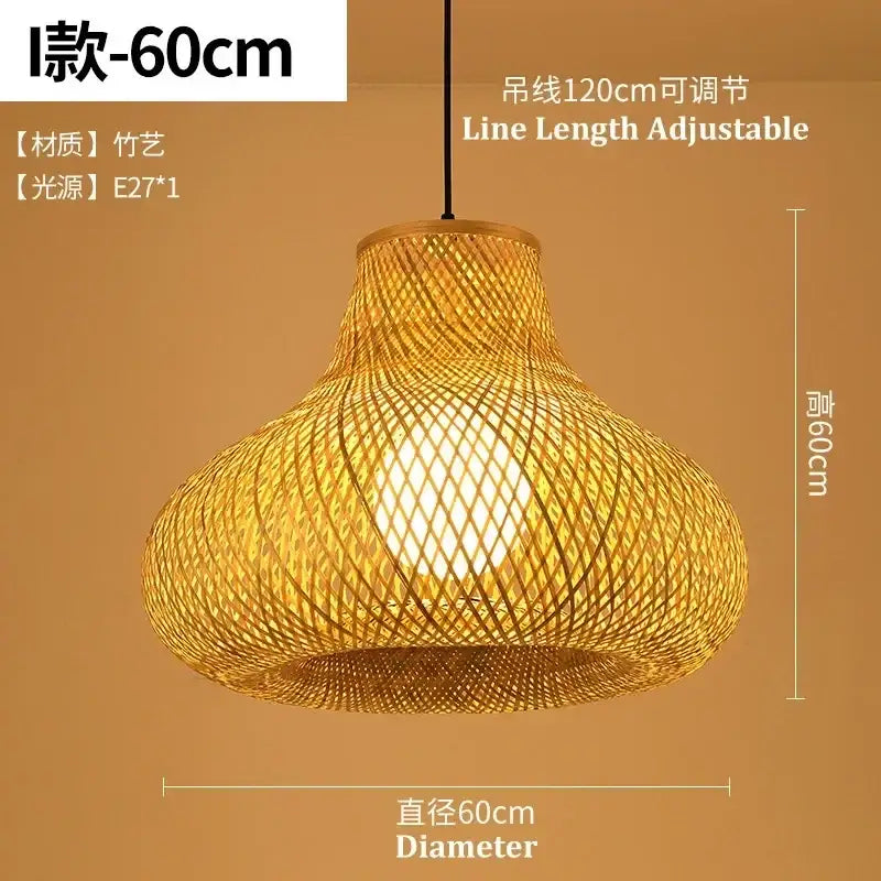 A warm golden-brown decorbites bamboo chandelier with lattice design and adjustable black cord for dining room lighting