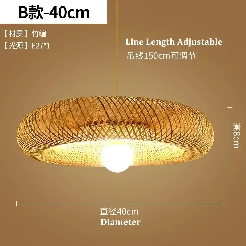 A warm-toned circular bamboo chandelier with woven lattice design and 150cm adjustable line by decorbites bamboo chandelier