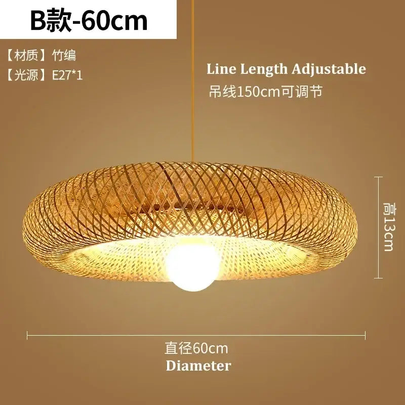 A warm-toned circular bamboo chandelier with woven lattice design and adjustable 150cm hanging line by decorbites bamboo chandelier