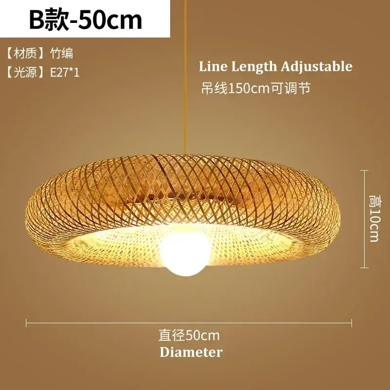 Warm-toned circular decorbites bamboo chandelier with adjustable 150cm hanging line and 50cm diameter for dining room use