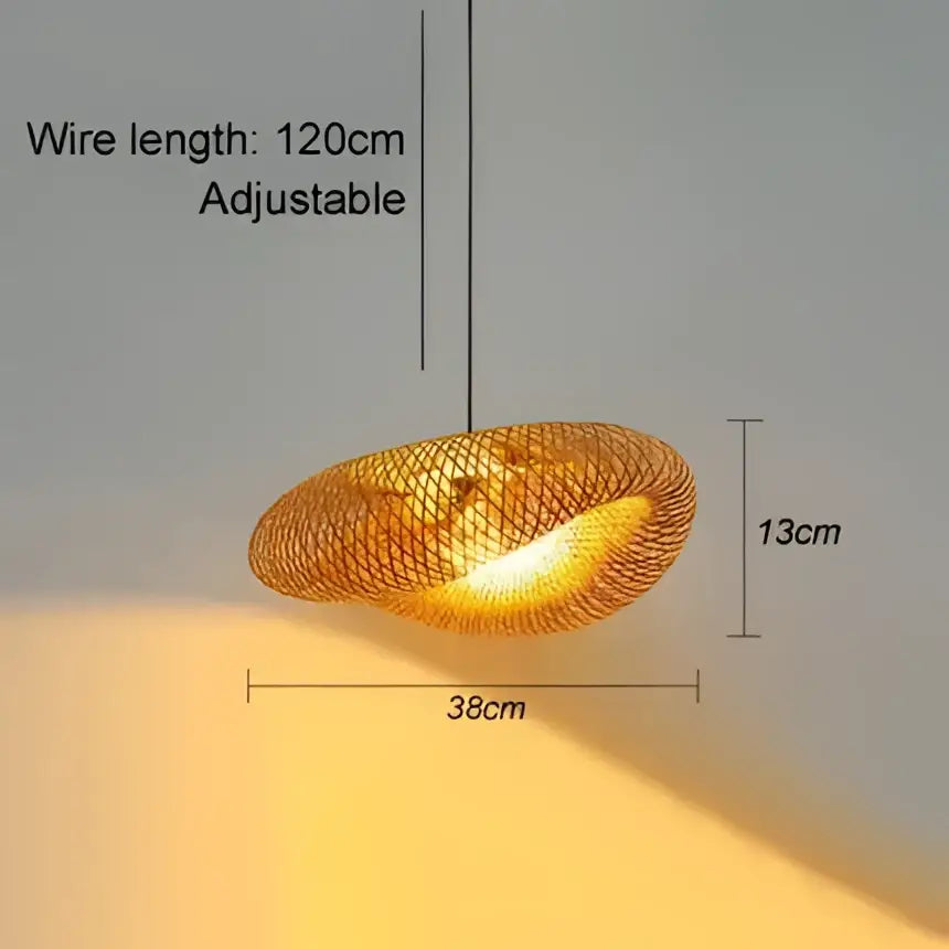 Golden mesh decorbites bamboo chandelier with adjustable 120cm wire and 38cm diameter emitting warm ambient glow