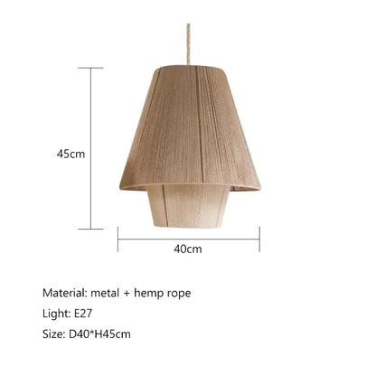 Beige cone-shaped pendant light with textured decorbites hemp rope and metal frame for warm dining room lighting