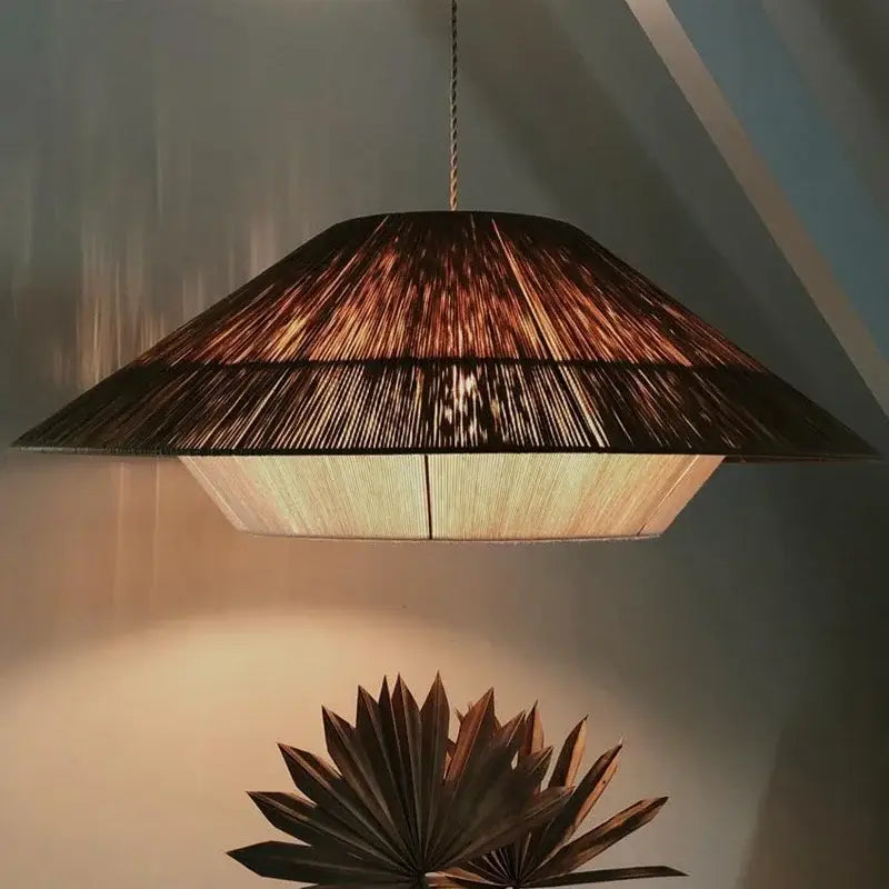 Warm-toned hexagonal pendant lamp with woven natural fiber shade featuring hemp rope rattan weave for dining room decorbites hemp rope lighting