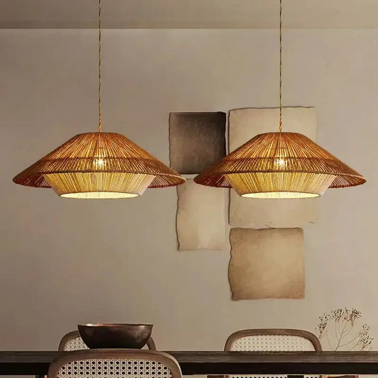 Two warm-toned tiered hemp rope rattan weave pendant lights with woven bamboo design for dining room decorbites hemp rope