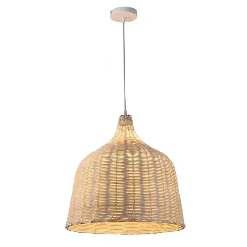 Tiered natural bamboo weaving led pendant lights with warm golden glow made of woven rattan for dining room lighting