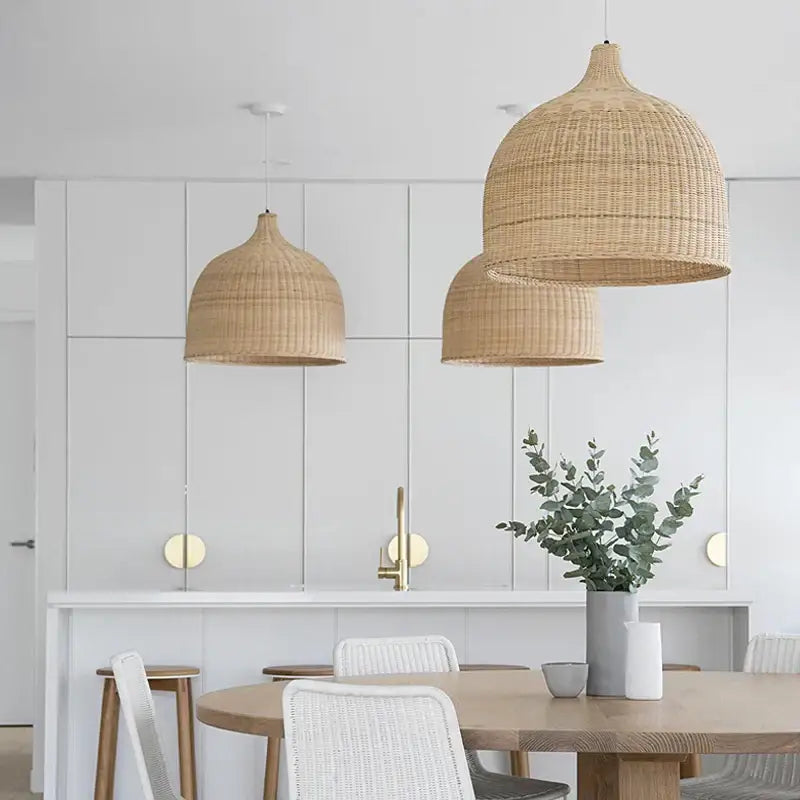 Tiered natural bamboo weaving led pendant lights in warm beige with dome-shaped design for dining room lighting