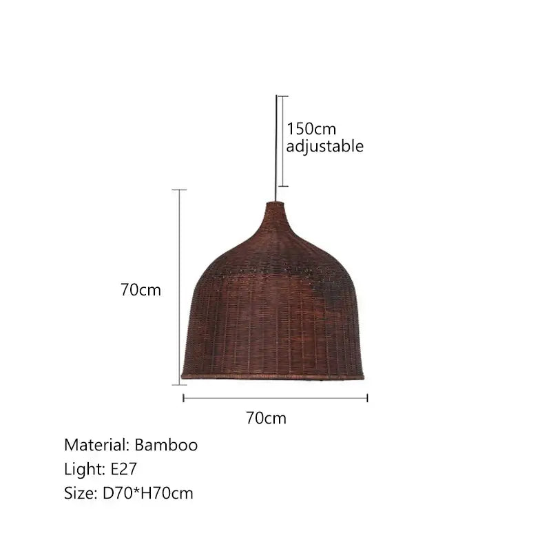 Brown bamboo weaving led pendant light with dome shade and adjustable hanging length for dining room lighting