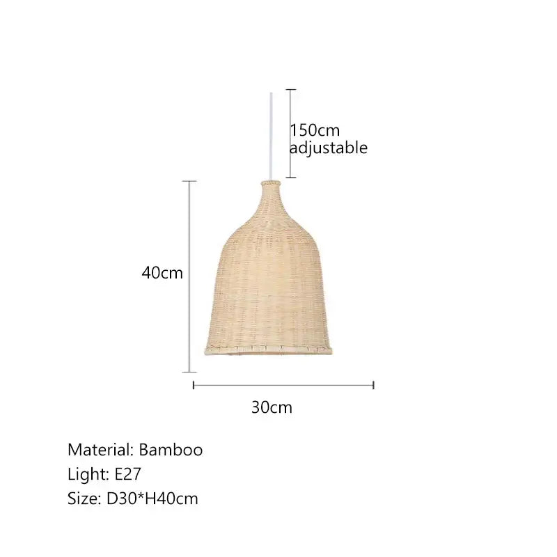 Natural bamboo weaving led pendant lights with tiered woven bell-shaped shade and adjustable hanging chain for dining room