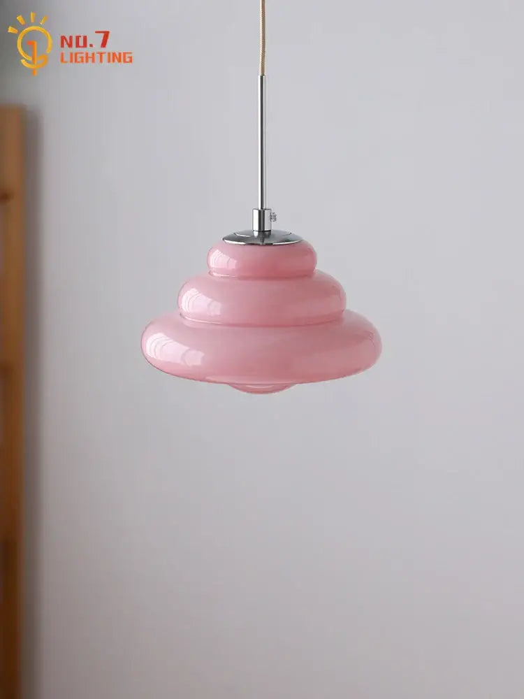 Pink layered glass pendant light with chrome metal stem for kitchen featuring decorbites cream glass pendant lights