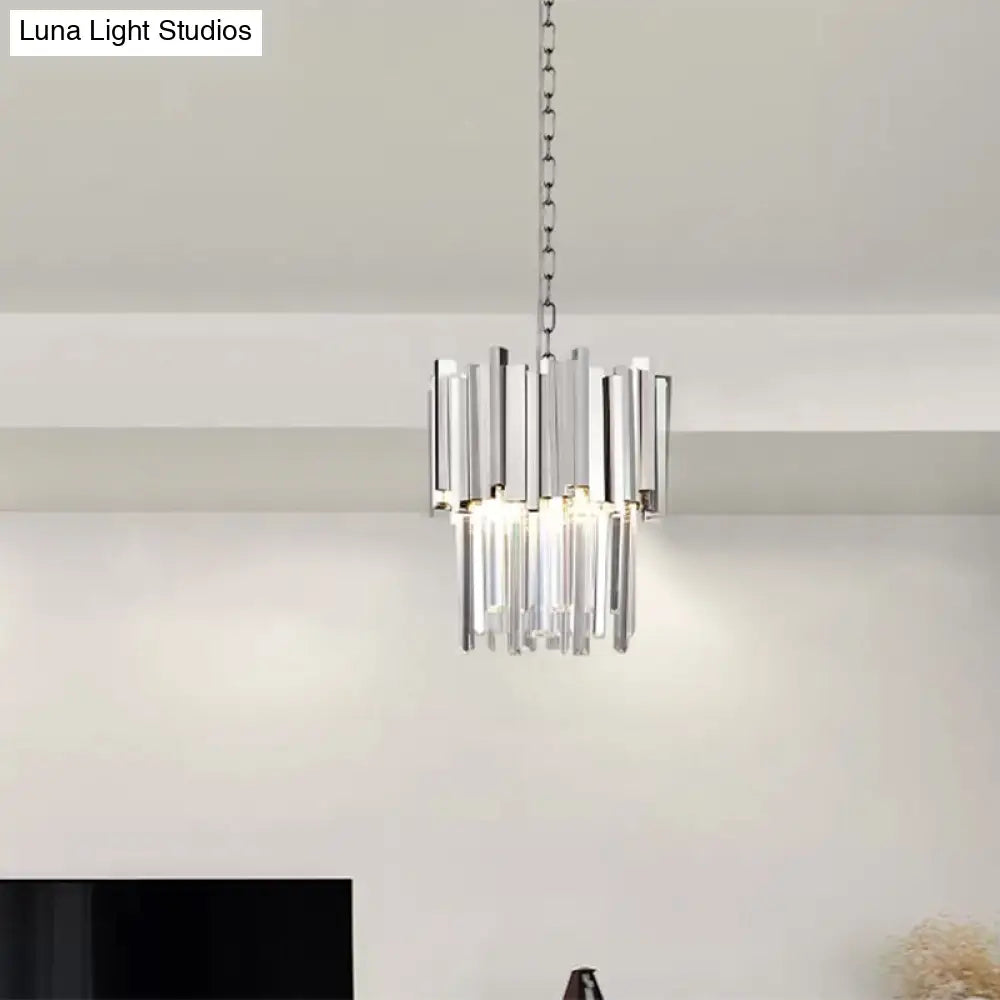 Tiered Pendant Light with Crystal Block in Chrome/Gold - Modern Metal Ceiling Lighting (3 Lights)