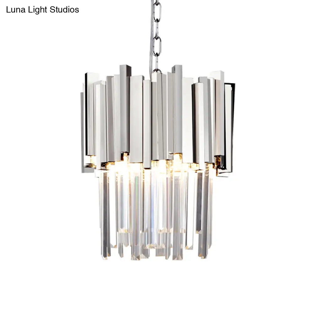 Tiered Pendant Light with Crystal Block in Chrome/Gold - Modern Metal Ceiling Lighting (3 Lights)