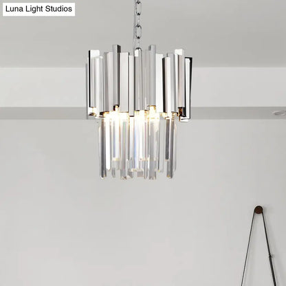 Tiered Pendant Light with Crystal Block in Chrome/Gold - Modern Metal Ceiling Lighting (3 Lights)