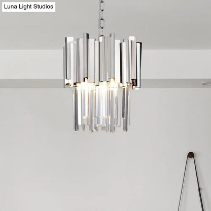 Tiered Pendant Light with Crystal Block in Chrome/Gold - Modern Metal Ceiling Lighting (3 Lights)