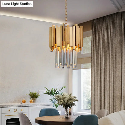 Tiered Pendant Light with Crystal Block in Chrome/Gold - Modern Metal Ceiling Lighting (3 Lights)