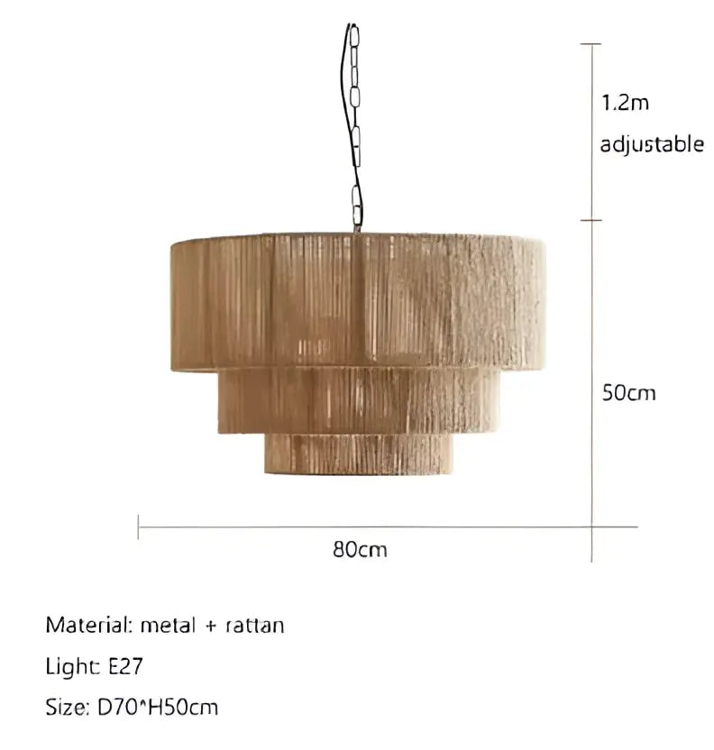 Tiered natural-toned rattan hemp rope wall lamp with metal accents and adjustable chain for bedroom and living room decorbites hemp rope