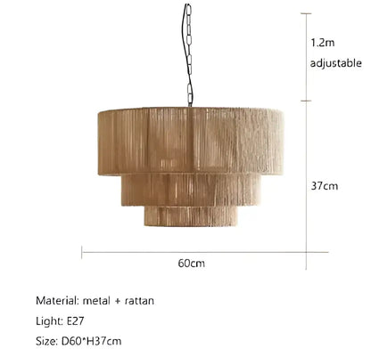 Tiered warm-toned rattan hemp rope wall lamp with metal frame and chain suspension for bedroom decorbites hemp rope wall