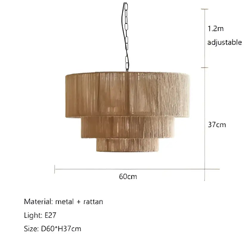 Tiered warm-toned rattan hemp rope wall lamp with metal frame and chain suspension for bedroom decorbites hemp rope wall