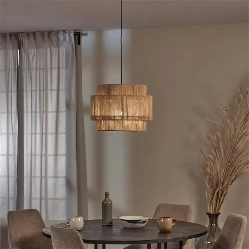 A warm-toned tiered pendant lamp with woven rattan hemp rope shade for bedroom and living room wall lamp decorbites hemp rope