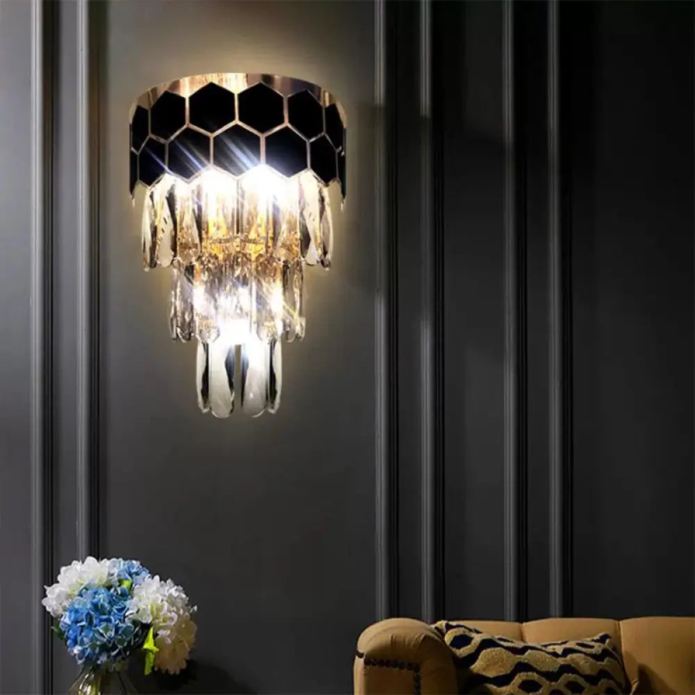DecorBites™ DecorBites™ Tiered Wall Lamp with Crystal Block in Black - Modern Metal Lighting for Bedroom