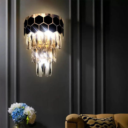 DecorBites™ DecorBites™ Tiered Wall Lamp with Crystal Block in Black - Modern Metal Lighting for Bedroom