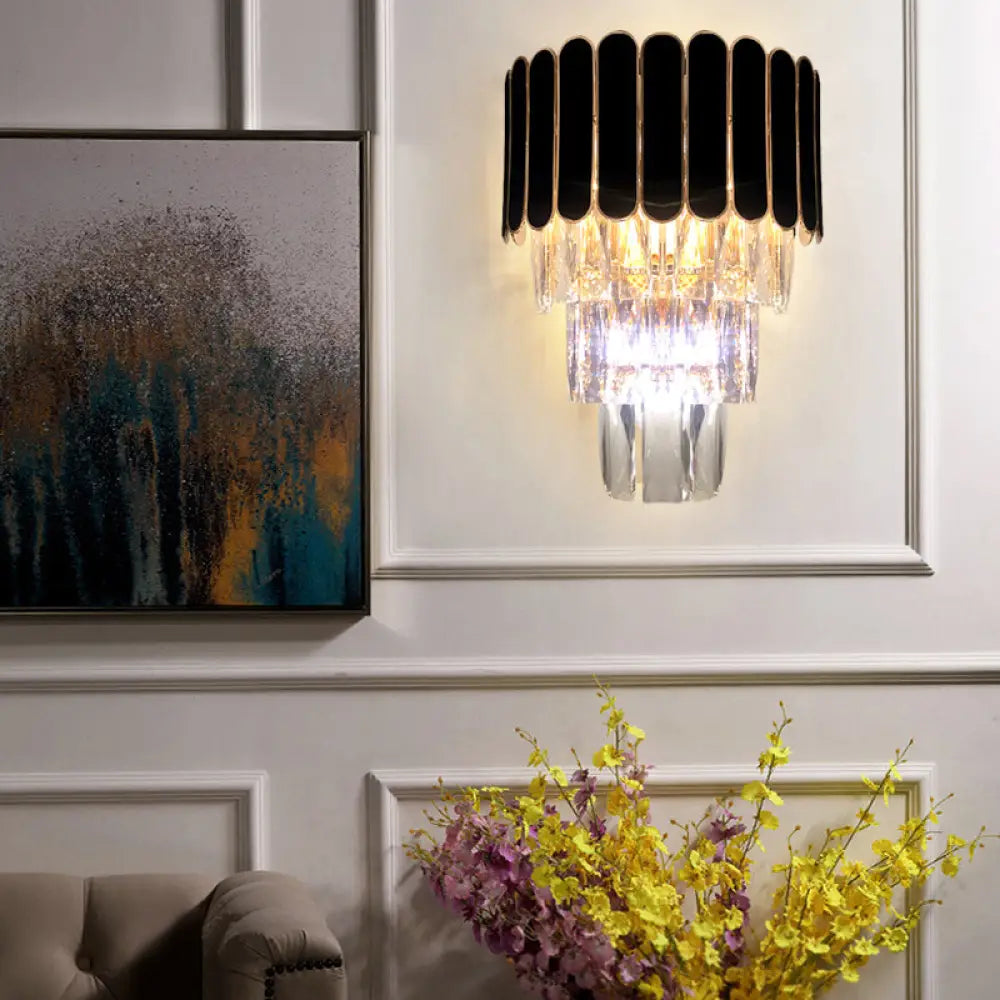 DecorBites™ DecorBites™ Tiered Wall Lamp with Crystal Block in Black - Modern Metal Lighting for Bedroom