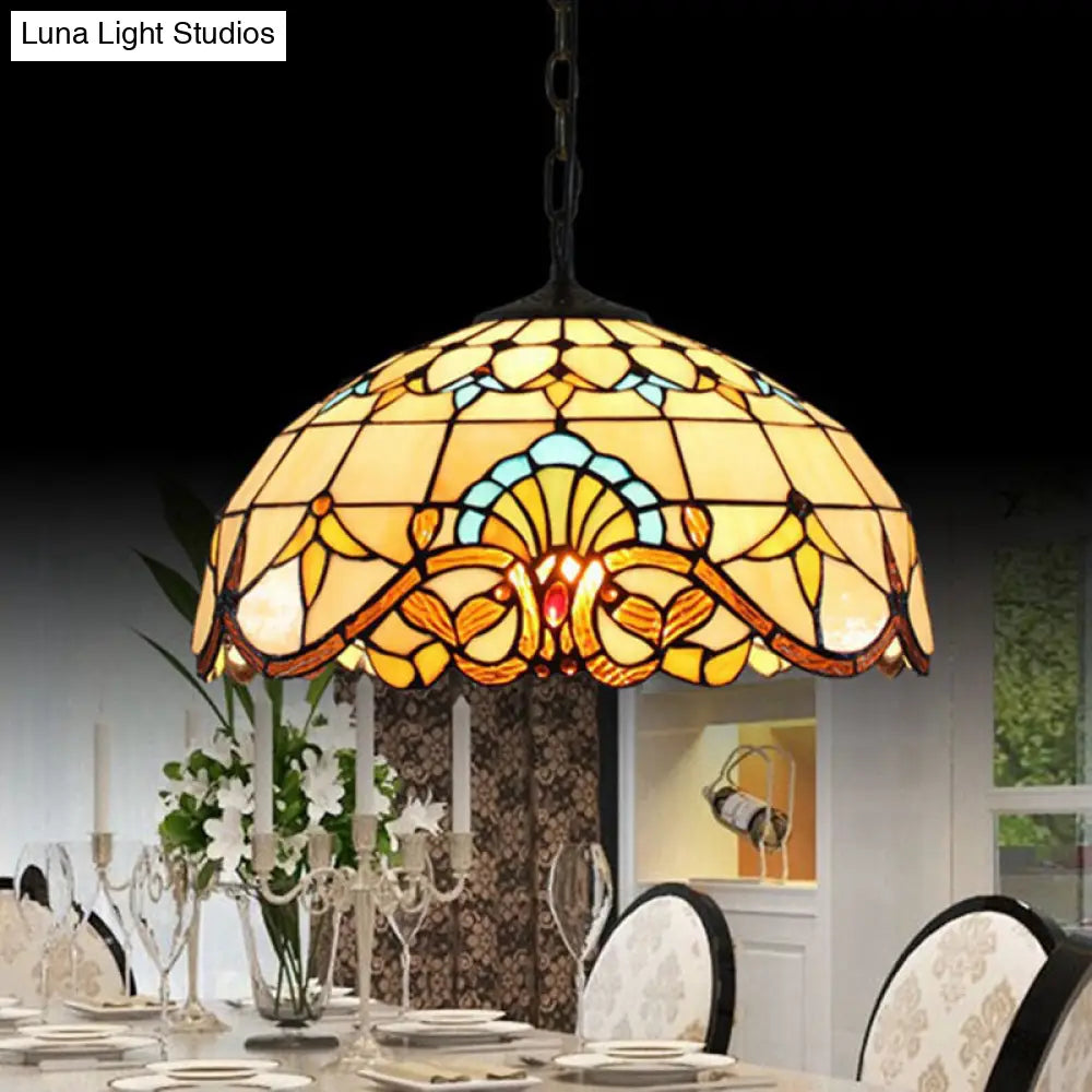 Tiffany 1-Light Beige Stained Glass Dome Pendant – Elegant Suspension Lighting for Dining Room