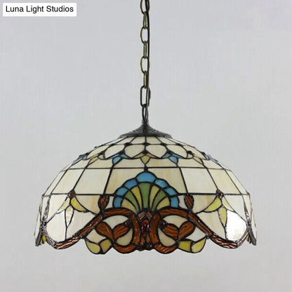 Tiffany 1-Light Beige Stained Glass Dome Pendant – Elegant Suspension Lighting for Dining Room